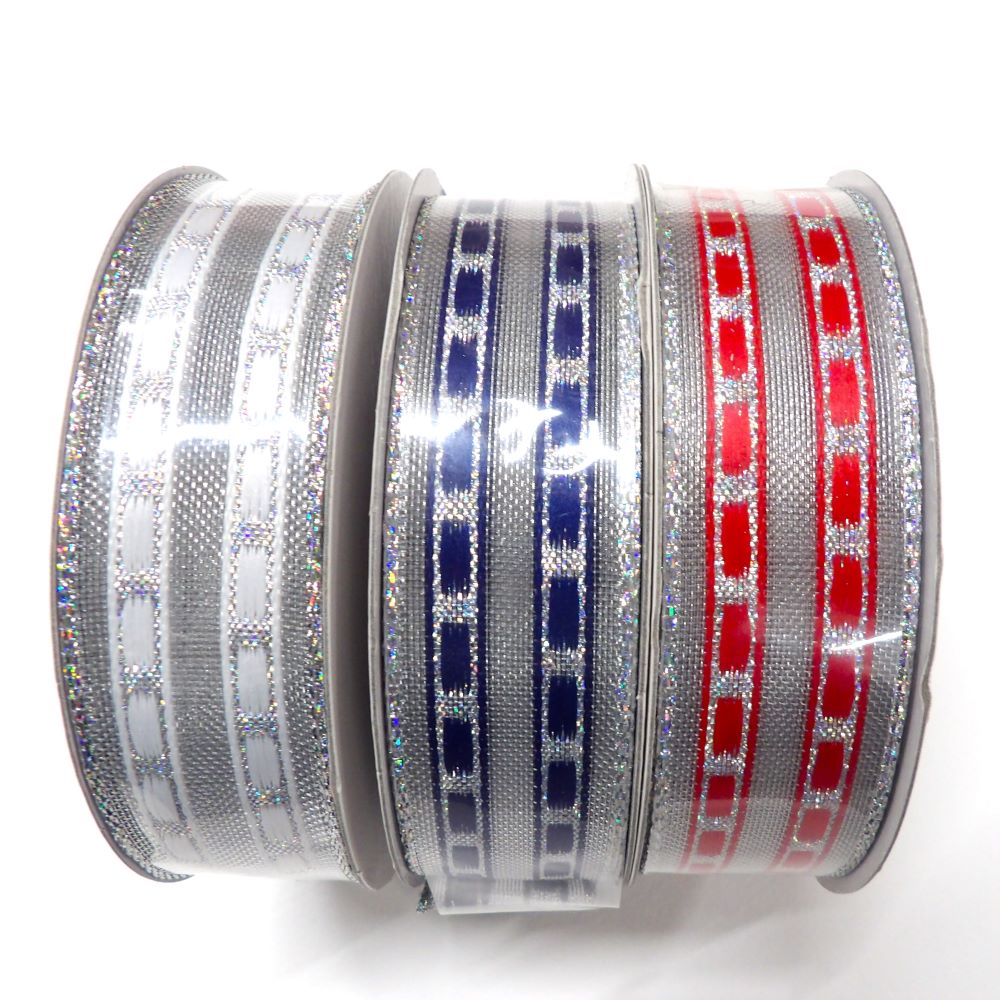 10 metres of wired edge lurex patterned ribbon 25mm wide choice of colour