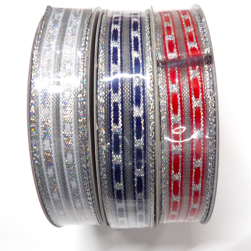 10 metres of wired edge lurex patterned ribbon 16mm wide choice of colour