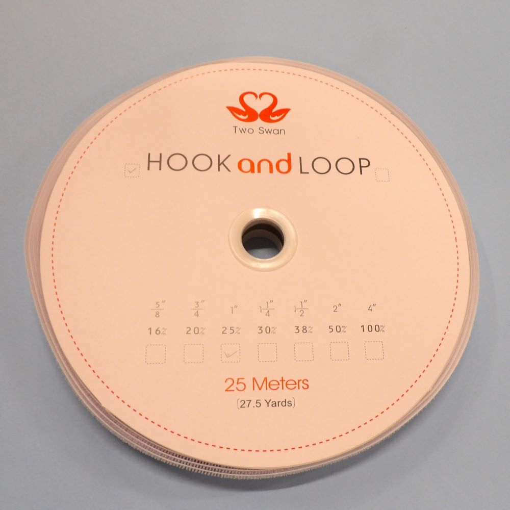 25 metre reel of HOOK SIDE ONLY White 25mm wide SEW ON TYPE Swan Brand clearance
