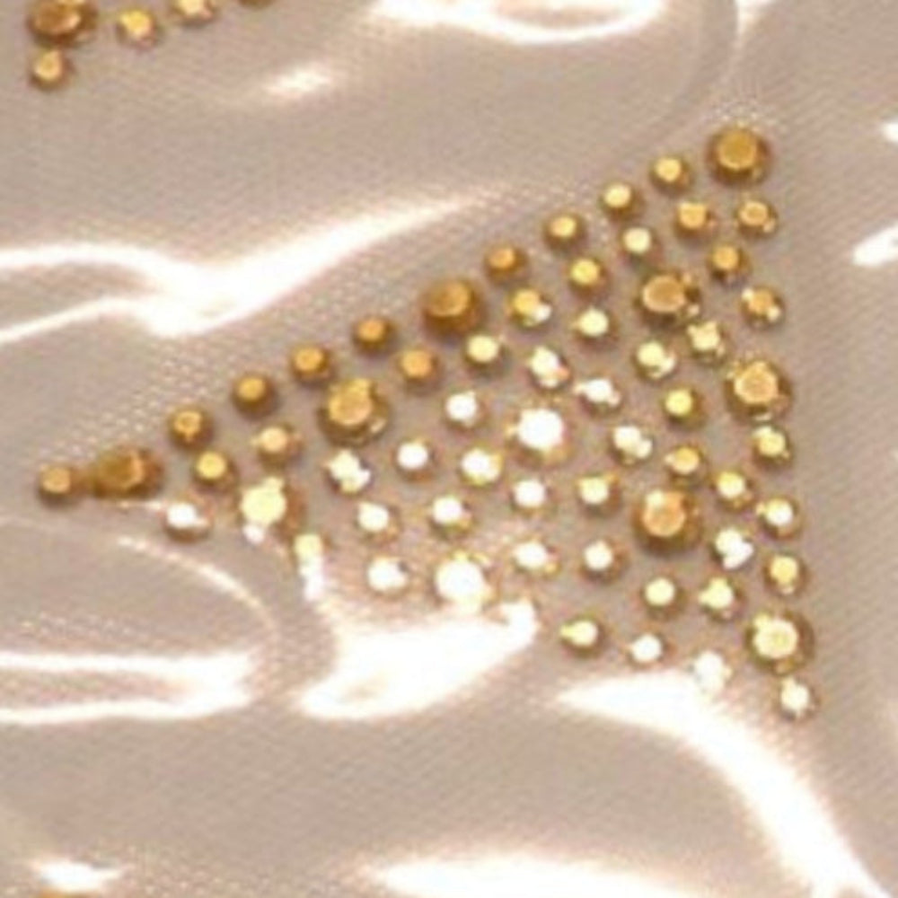 Sheet of 4 iron on triangle shape motifs made of gold colour stones size 60mm x 55mm clearance
