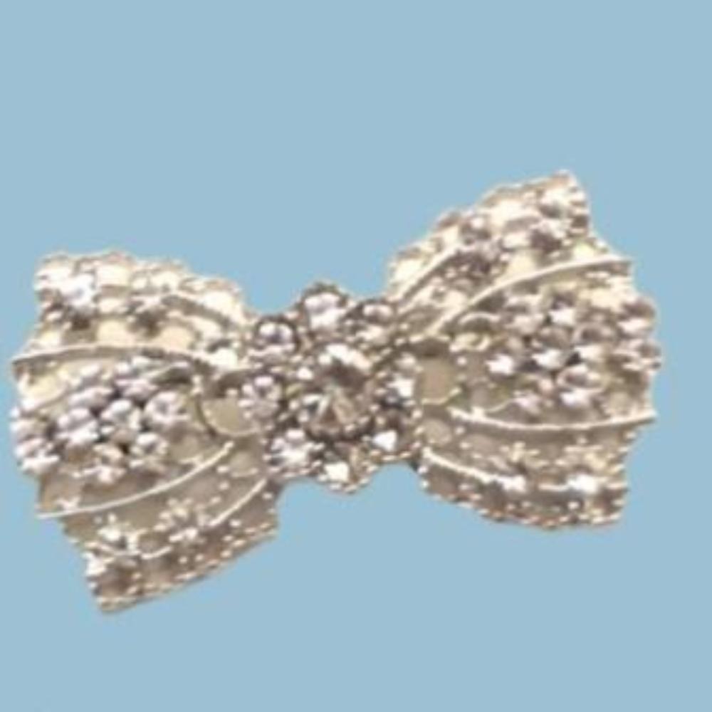 5 Silver colour metal brooch BOW SHAPE with CLEAR diamante size 45mm x 25mm clearance