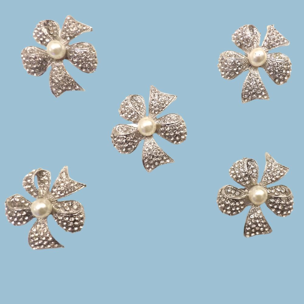 5 Silver colour metal brooch BOW FLOWER SHAPE WITH 9mm PEARL CENTRE with with clear small diamantes size 47mm clearance