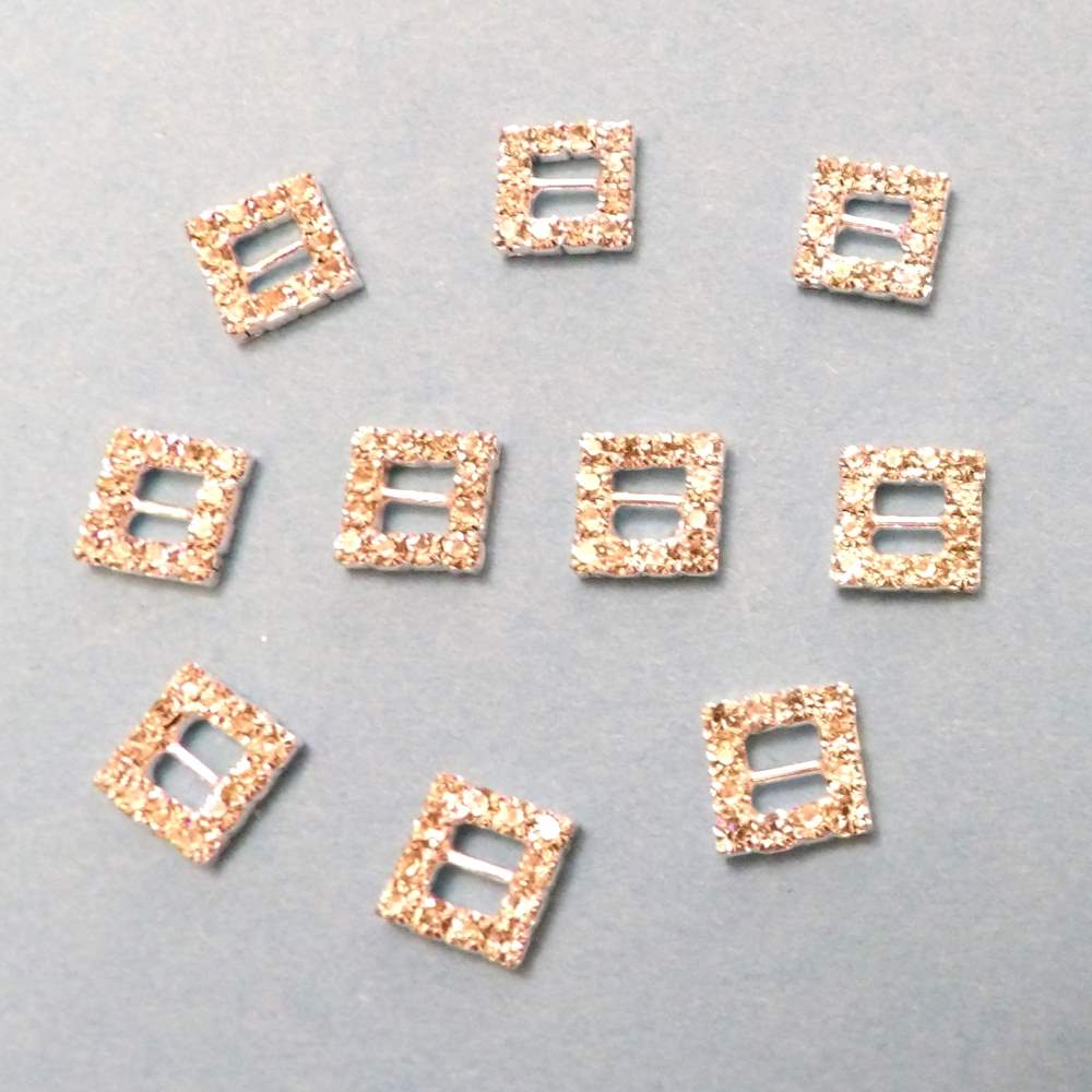 10 Mini Square Buckles with a 4mm bar Sparkly Diamantes Set In Silver Colour Metal size 9mm clearance