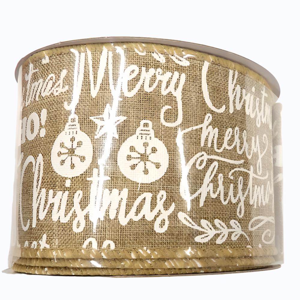 10 metres of Wired edge Light Fawn with white Merry Christmas Burlap Ribbon choice of width
