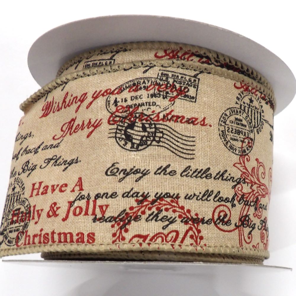 10 metres of Wired Merry Christmas Light Fawn Scroll Burlap Postal Ribbon choice of width
