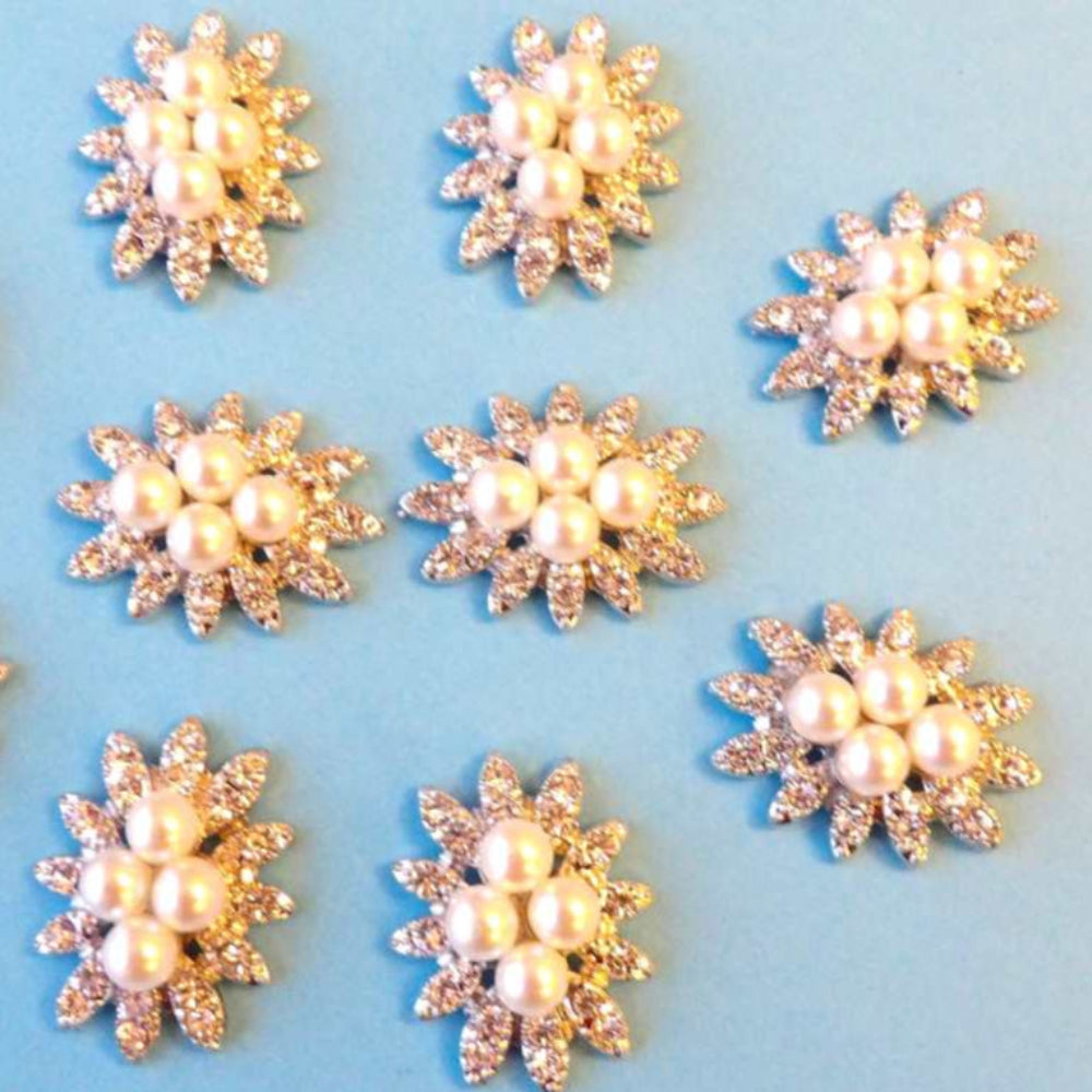 10 flower shape with sparkly diamantes and pearls flat back size 29mm x 22mm clearance