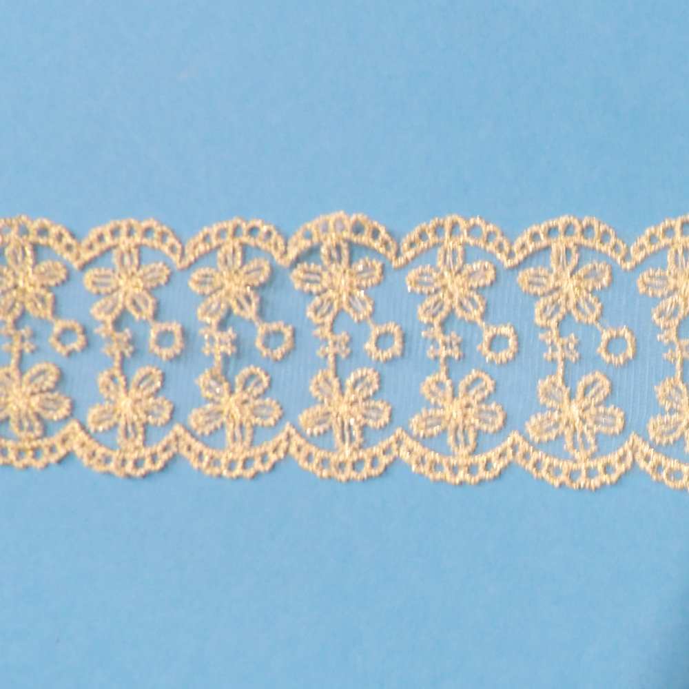 One metres of Light Gold Metallic Flower Design double edged Fine Net Lace 70mm wide clearance
