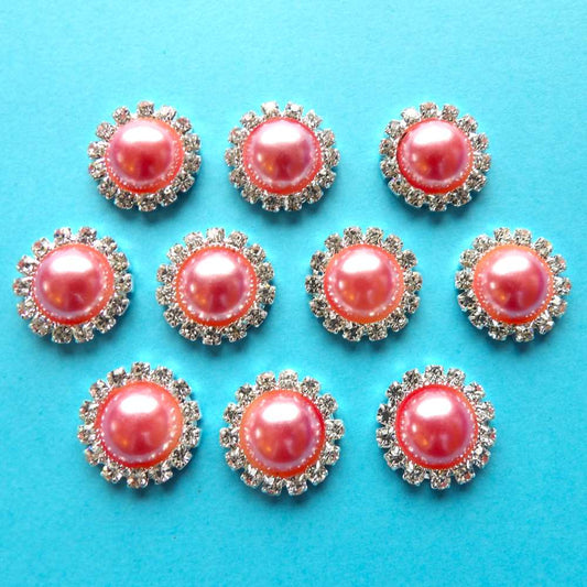 10 Round shape with sparkly diamantes and 12mm Candy Pink pearl in centre flat back size 18mm clearance