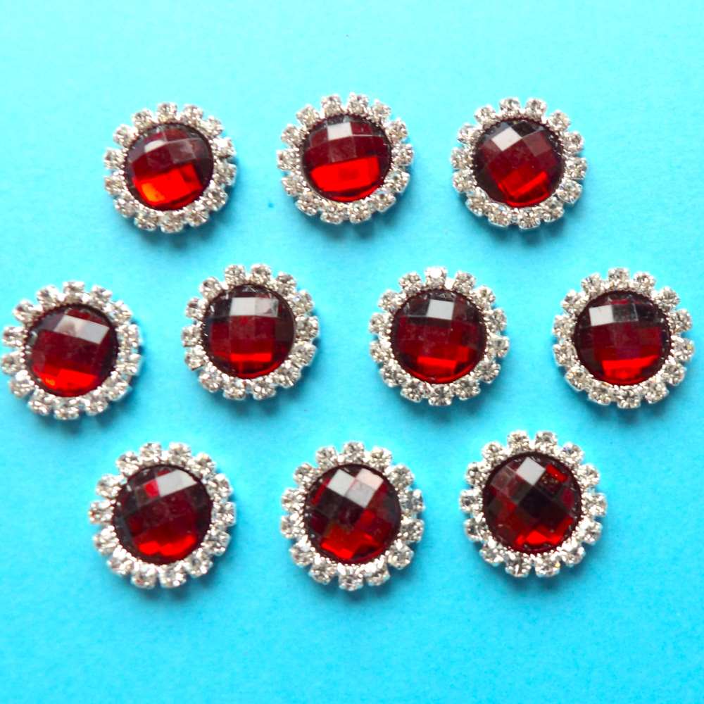10 Round shape with sparkly diamantes and 12mm Ruby Red Stone in centre flat back size 18mm clearance