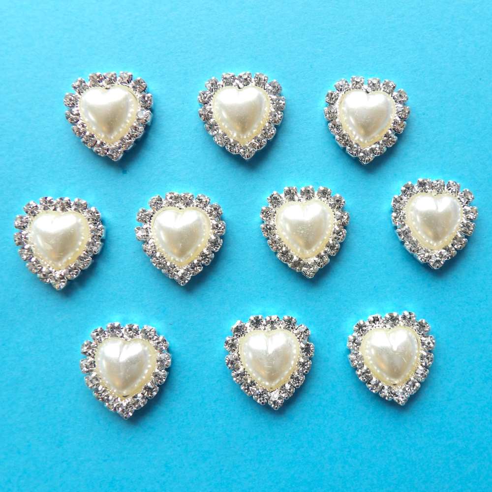 10 Heart shape with sparkly diamantes and pearl heart in centre flat back size 16mm clearance