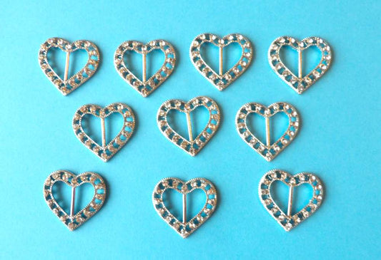 10 Heart Shaped Buckles  Sparkly Diamantes Set In Silver Colour Metal size 27mm clearance