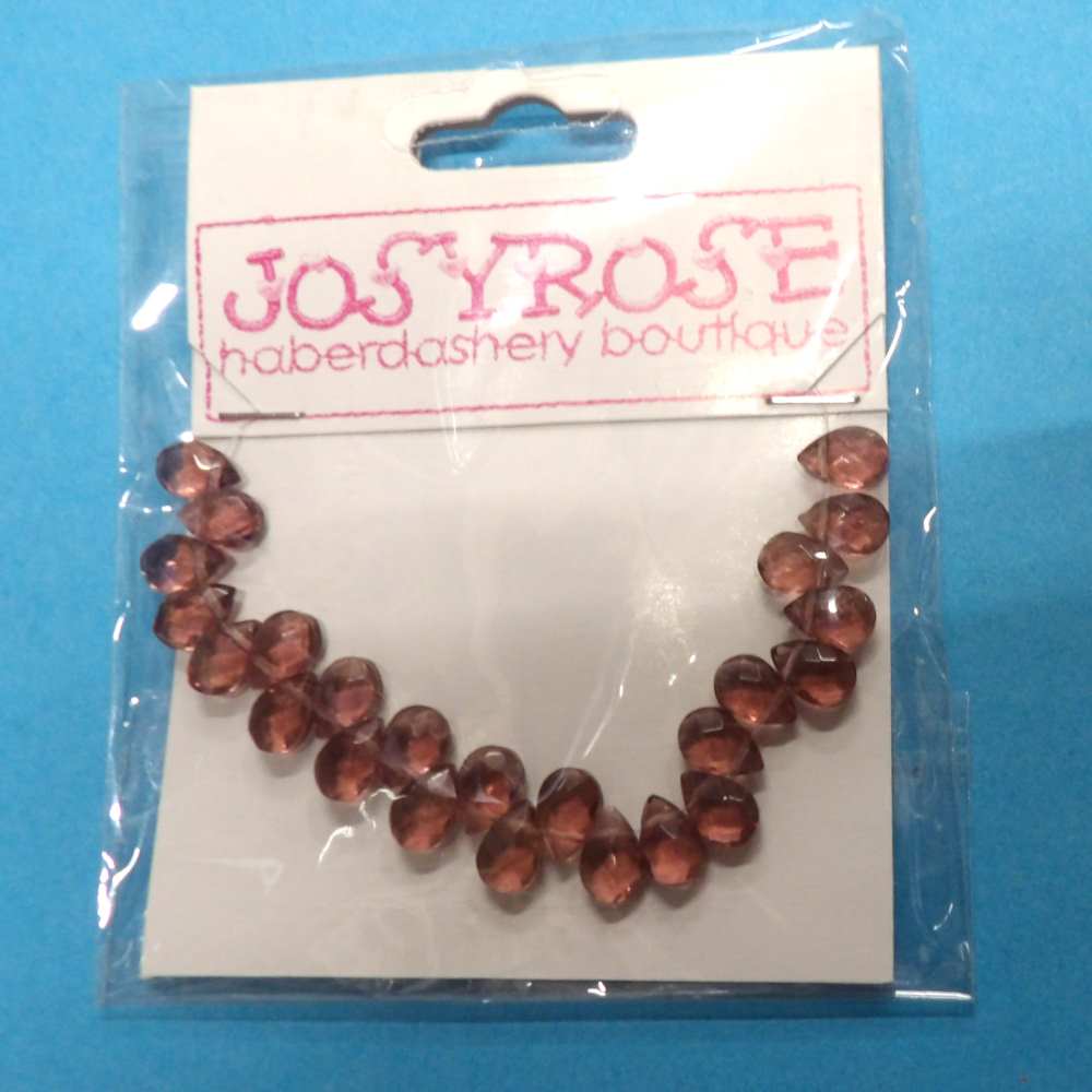 Card of 24 crystal type tear shape dusty pink coloured beads size 9mm x 6mm Josy Rose Brand