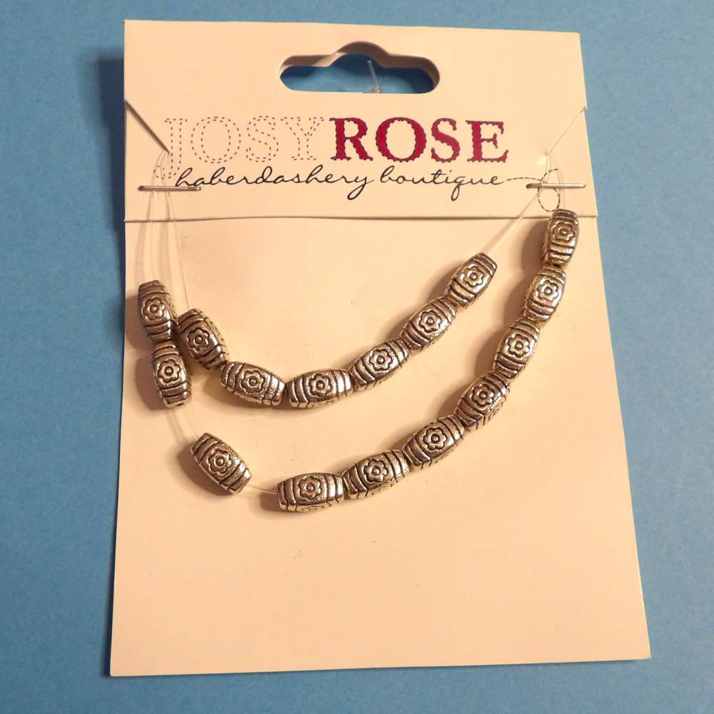 Card of 16 Silver colour metal patterned beads size 9mm x 5mm Josy Rose Brand