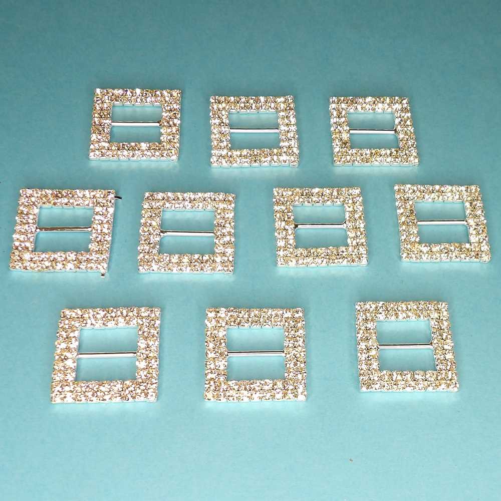 10 Square Shaped Buckles two rows of Sparkly Diamantes Set In Silver Colour Metal 15mm bar size 28mm clearance