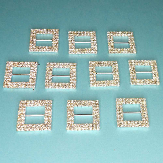 10 Square Shaped Buckles two rows of Sparkly  Diamantes Set In Silver Colour Metal 15mm bar size 28mm clearance