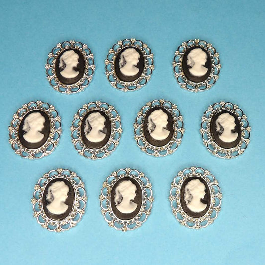 10 Black and White Cameo with silver colour metal edge flat back size 27mm x 22mm clearance