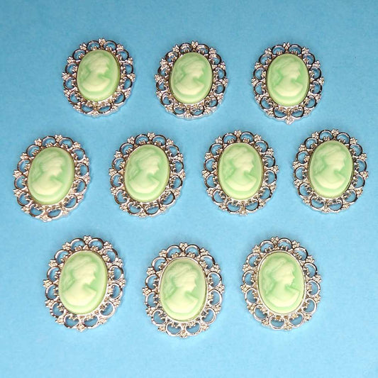 10 Mint Green Cameo with silver colour metal edge flat back size 28mm x 22mm clearance