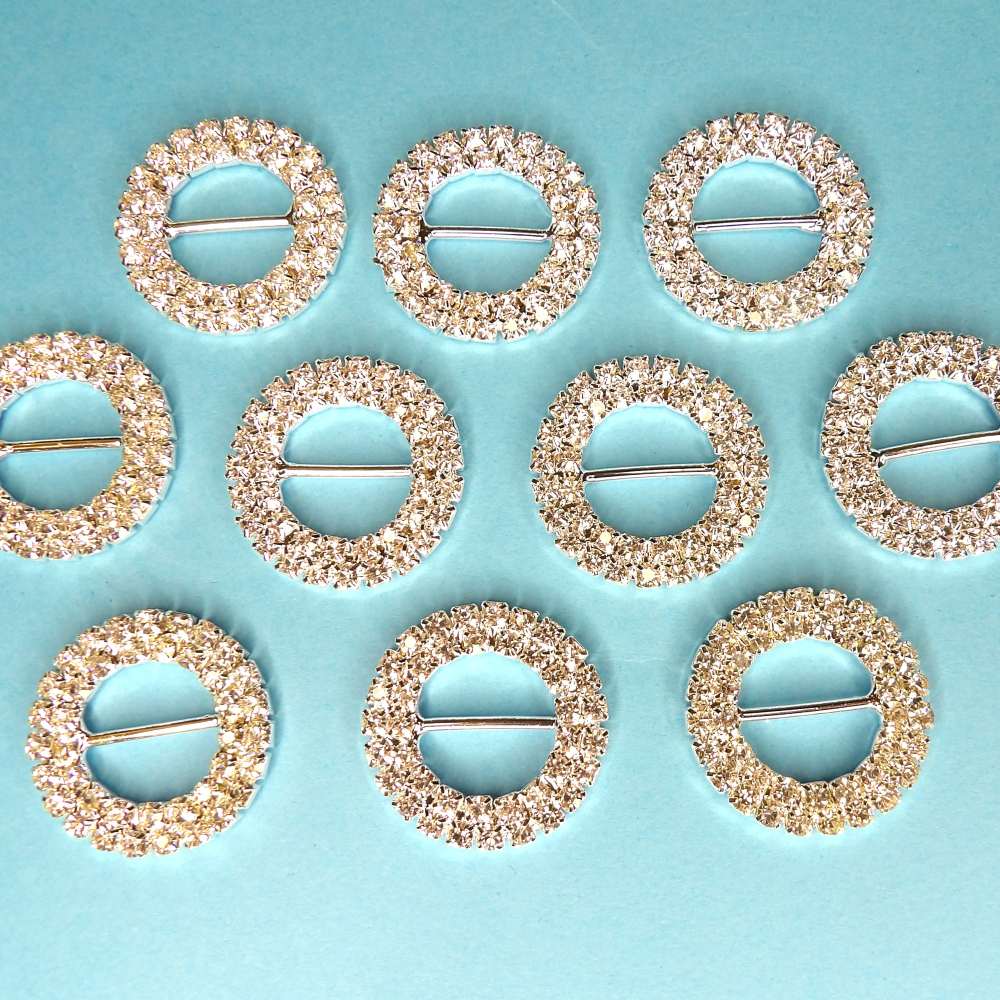 10 Round Shaped Buckles two rows of Sparkly Diamantes Set In Silver Colour Metal 15mm bar size 27mm clearance