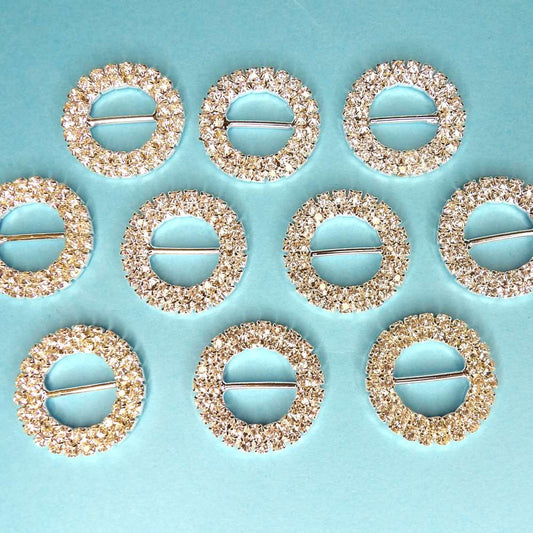 10 Round Shaped Buckles two rows of Sparkly  Diamantes Set In Silver Colour Metal 15mm bar size 27mm clearance