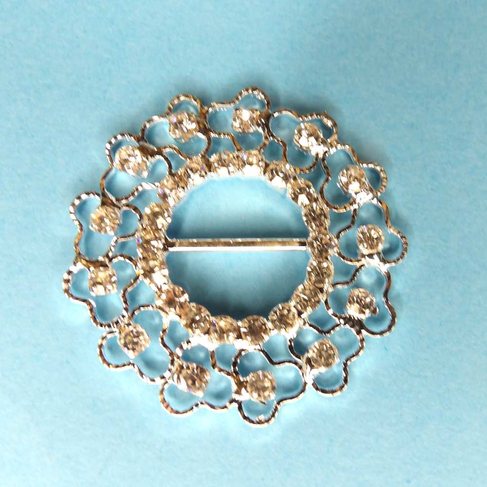 5 Round Fancy Shaped Buckles Sparkly  Diamantes Set In Silver Colour Metal 15mm bar size 40mm clearance