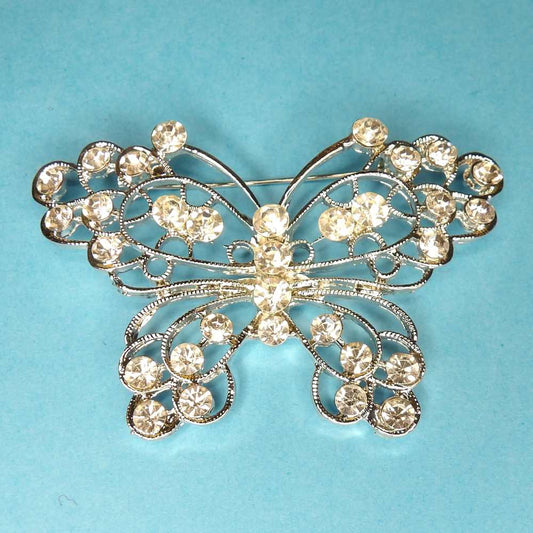 Silver colour metal brooch Butterfly Shape with clear diamantes size 66mm x 45mm clearance