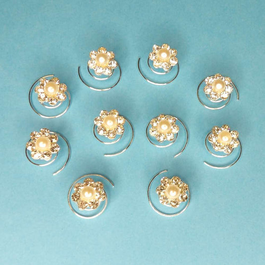 10 sparkly 11mm flower shape clear diamante and centre pearl  hair spring pins sliver colour metal clearance