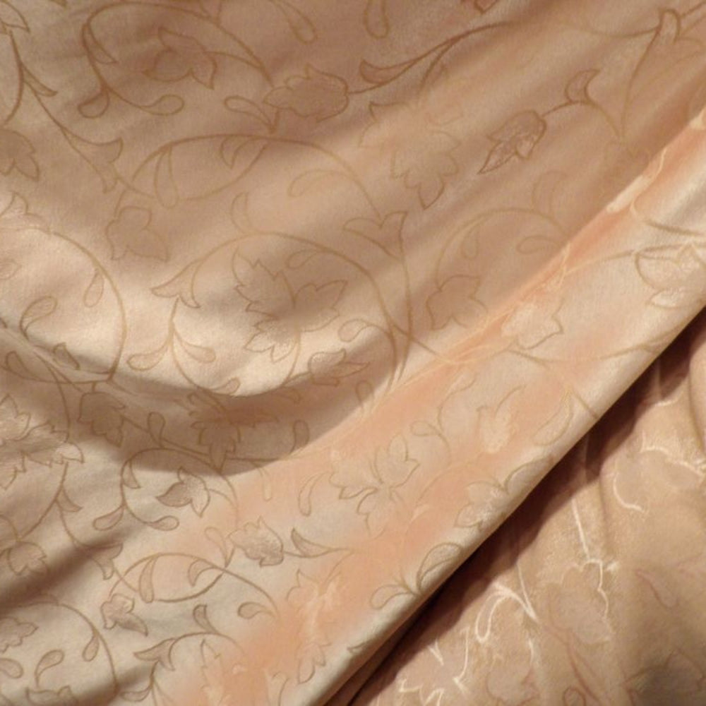 5 metres of deep apricot satin curtain type fabric clearance 190cm wide with leaves design clearance