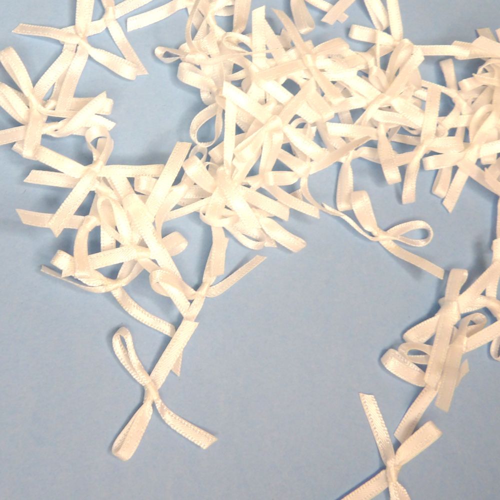 1000 white satin ribbon bows with 3mm ribbon clearance