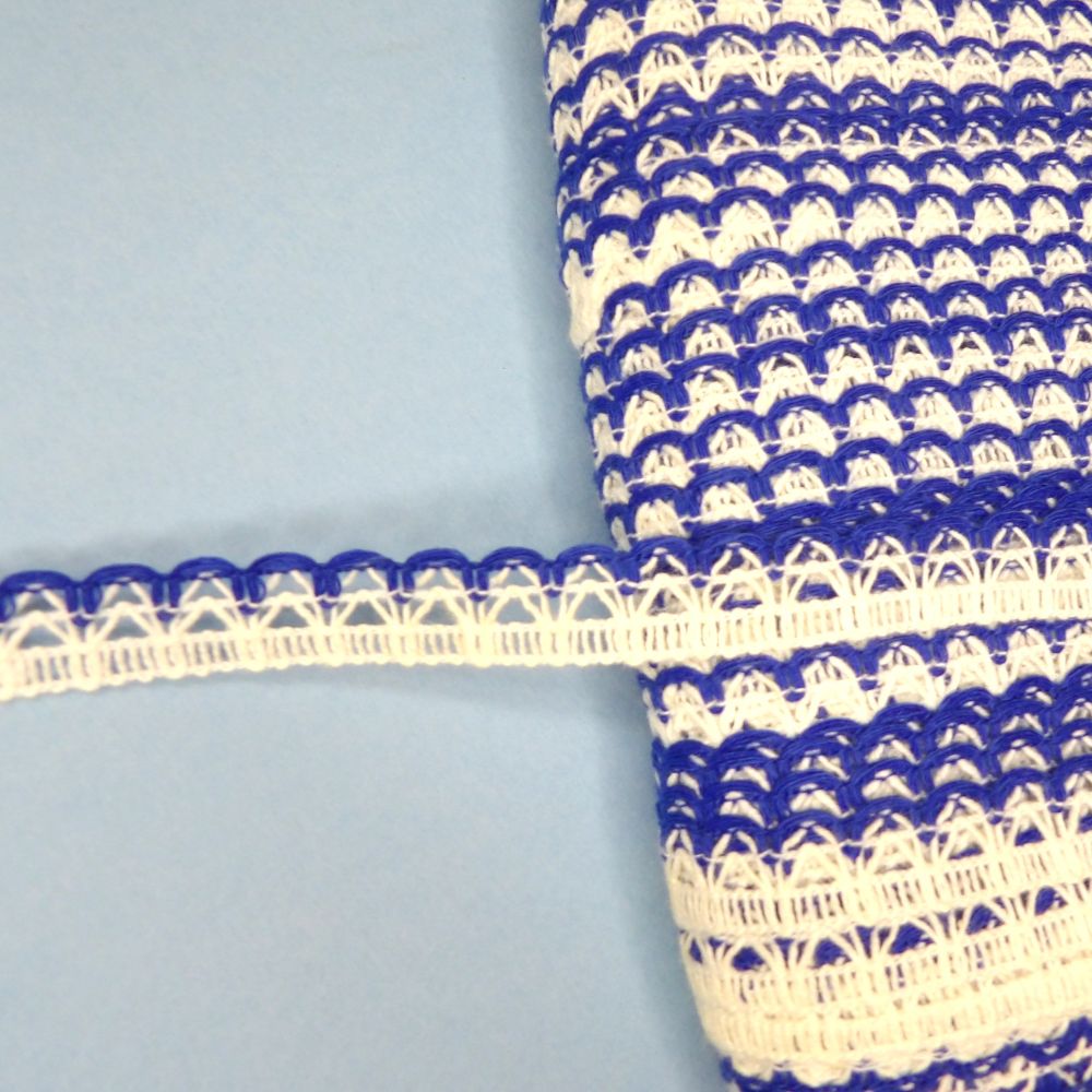 150 metre card of white narrow lace with royal blue edge 12mm wide clearance