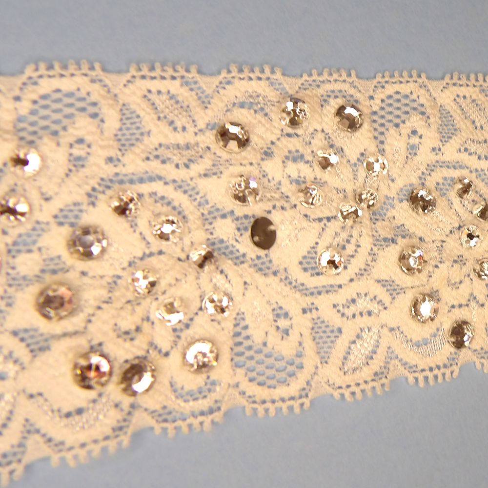 4 Metres of Ivory Rose Design Stretch Lace with Clear Diamante Type Stones 60mm / 2.3 inch wide clearance