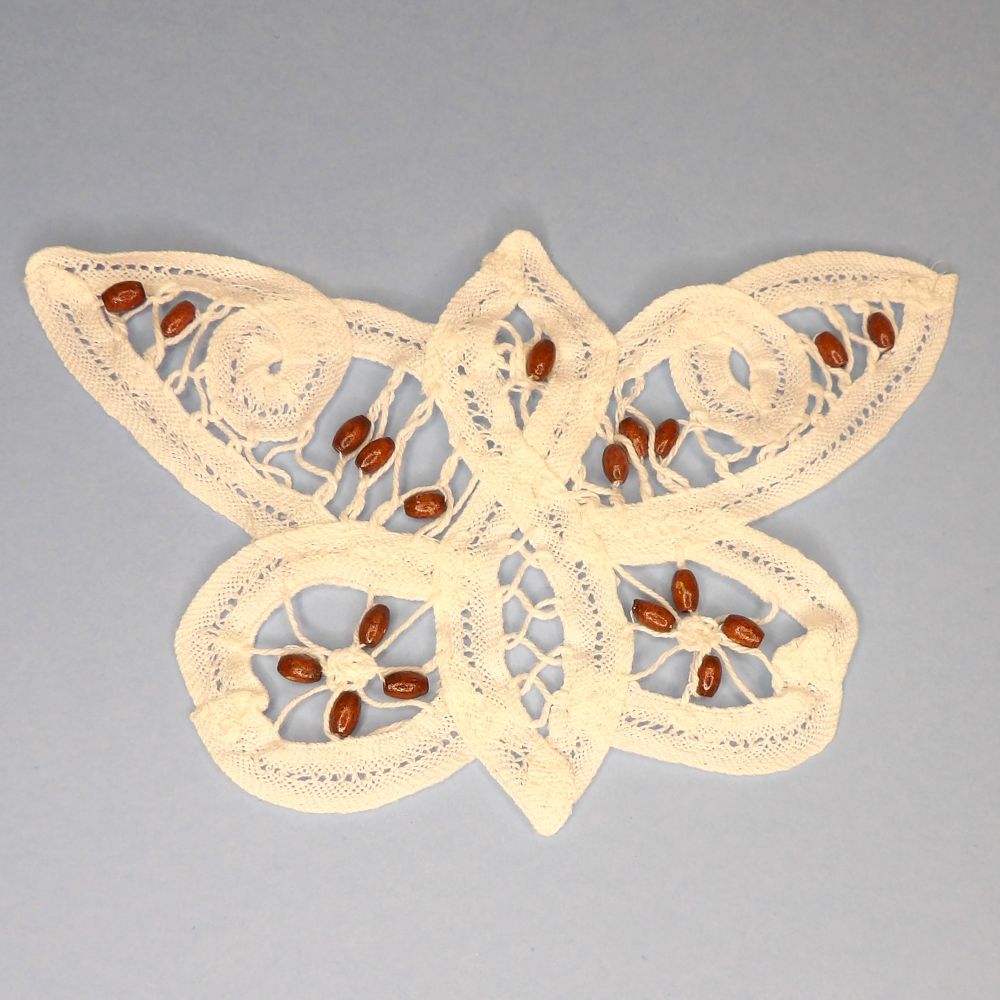 10 White Cotton Type Butterfly Design Motifs With Wooden Beads Sew On Size 15cm x 9cm Clearance