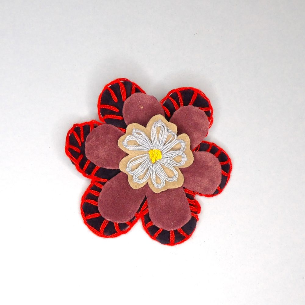 Flower Brooch With Stitched Edge Fabric Design Navy and Purple size 80mm clearance