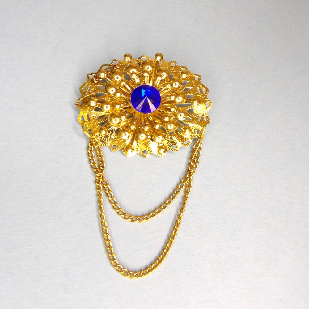Gold Colour Metal Brooch With Royal Blue Centre Stone And Gold Colour Chains size 50mm x 40mm clearance