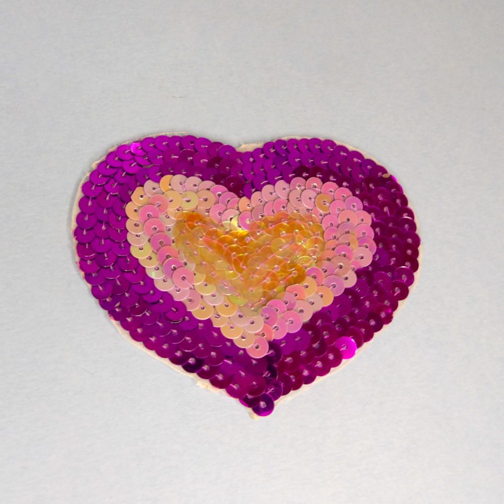 5 Purple and Lilac Sequin Hearts Iron On Motifs size 85mm x 75mm clearance