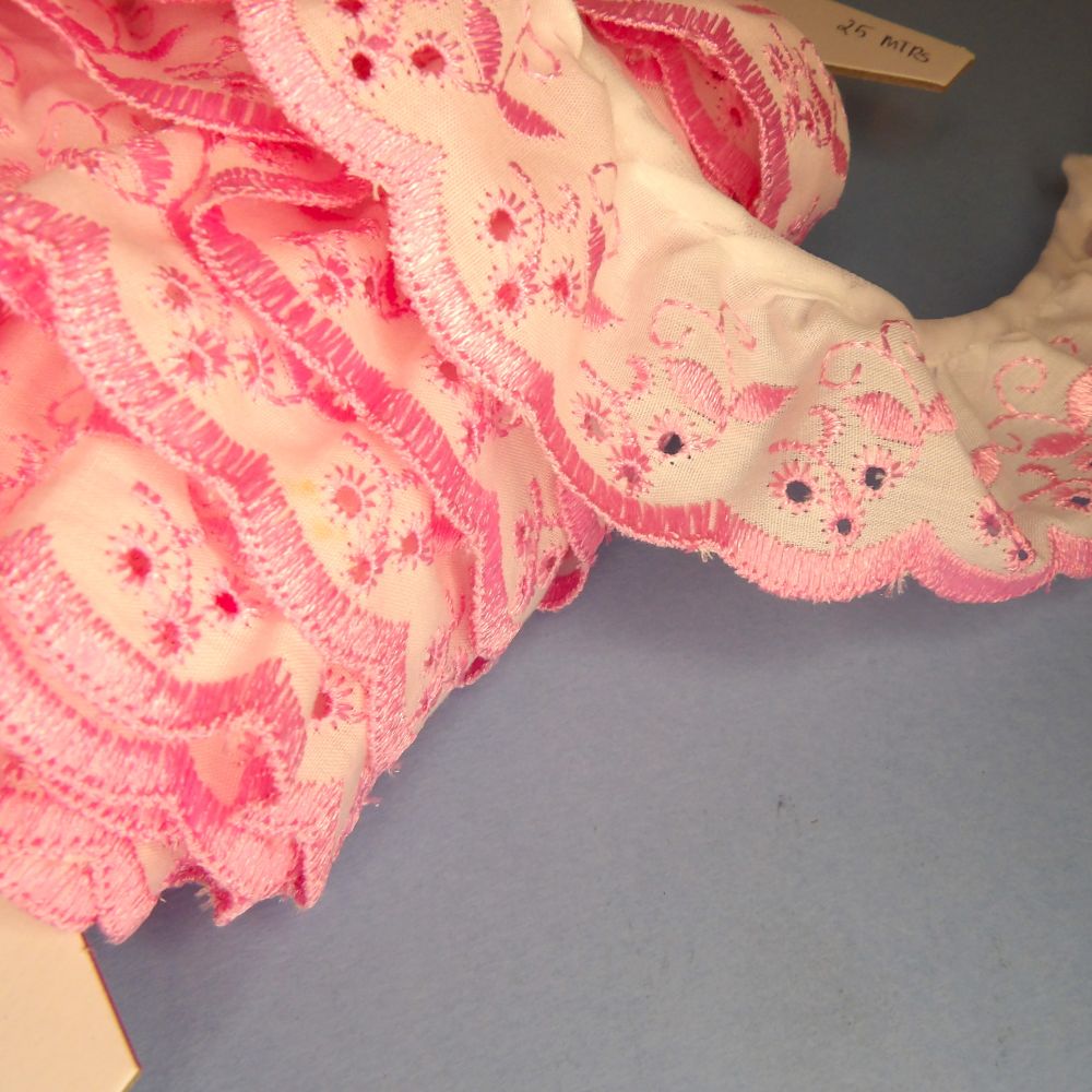 25 metres of gathered White/ Candy Pink broderie anglaise 50mm wide designs may vary