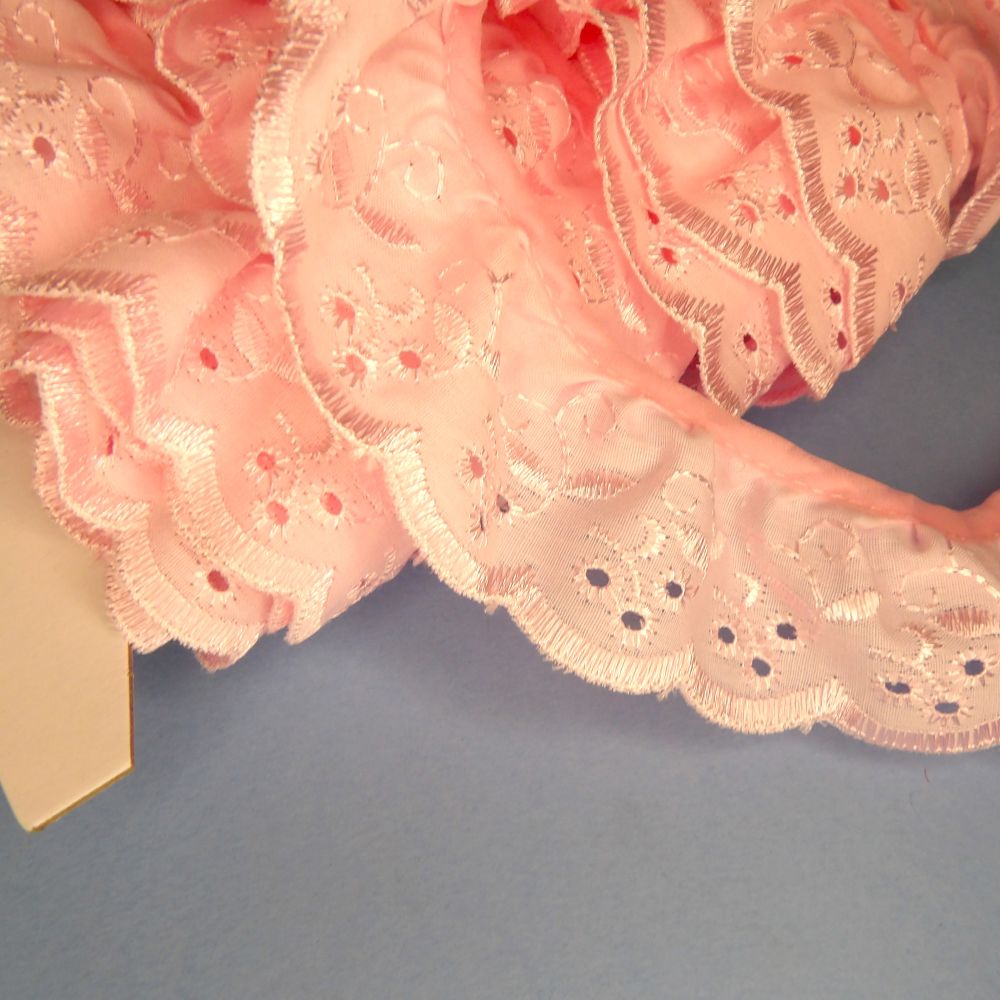 25 metres of gathered Light Pink broderie anglaise 50mm / 2 inch wide designs may vary