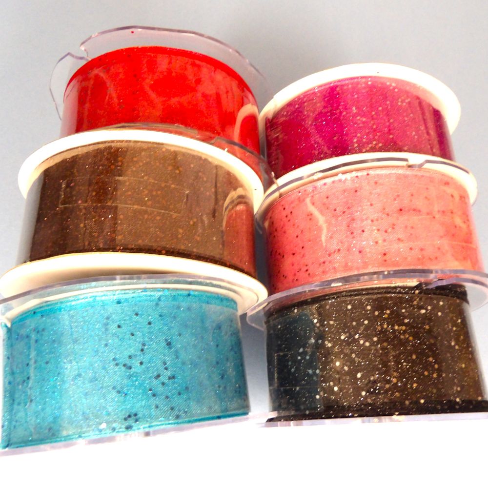 20 Metres of Glitter Design Wired Edge Ribbon 40mm Wide Choice Of Colour Clearance