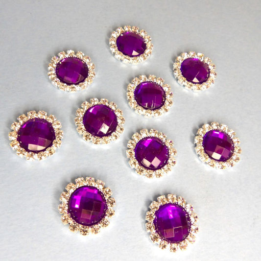 10 Round shape with sparkly diamantes and 12mm Purple Stone in centre flat back size 20mm clearance