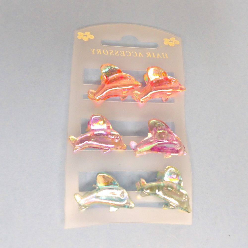 5 Cards of 6 Iridescent Shiny Min Claw Hair Clips in Dolphin Design 35mm 2 Lilac, 2 Pink And Turquoise Clearance