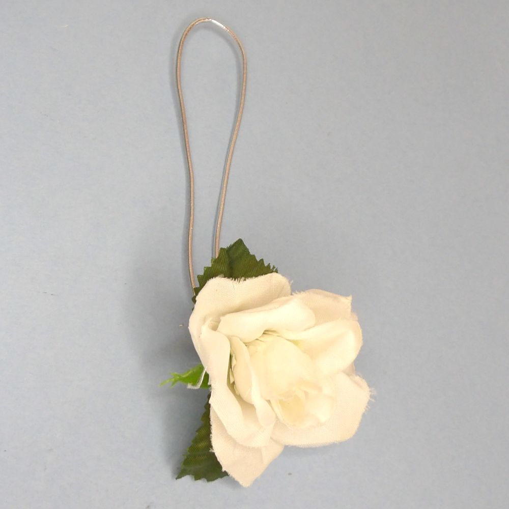 5 White With Green Leaf Coloured Roses On silver elastic loops 60mm Long clearance