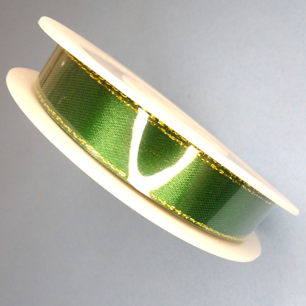 25 Metres Of Emerald Green Satin Ribbon Ribbon With Metallic Gold Edge Design 15mm wide