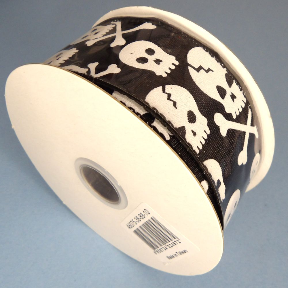10 Metres Of Black With White Sull And Cross Bone Design Halloween Ribbon Wired Edge 38mm Wide