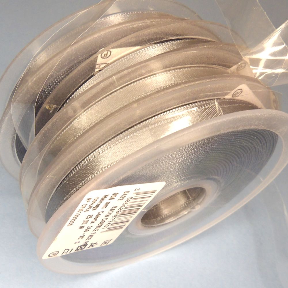 Only One lot Of 5 Mid Grey x 25 metre Reel Of 6mm Double Satin Ribbon Clearance