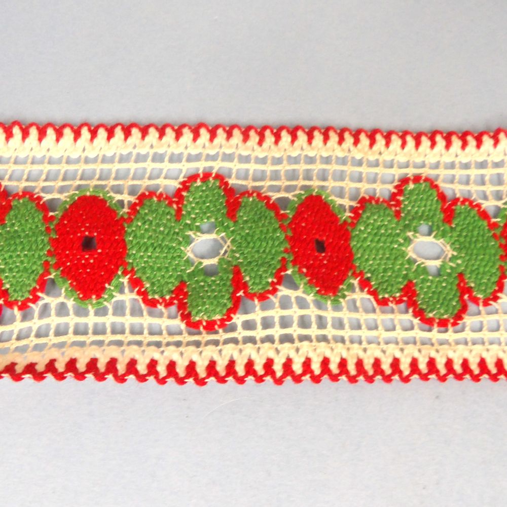 5 Metres Of Wide Bright Coloured Lace With Straight Edges Green And Red And White 70mm Wide Clearance