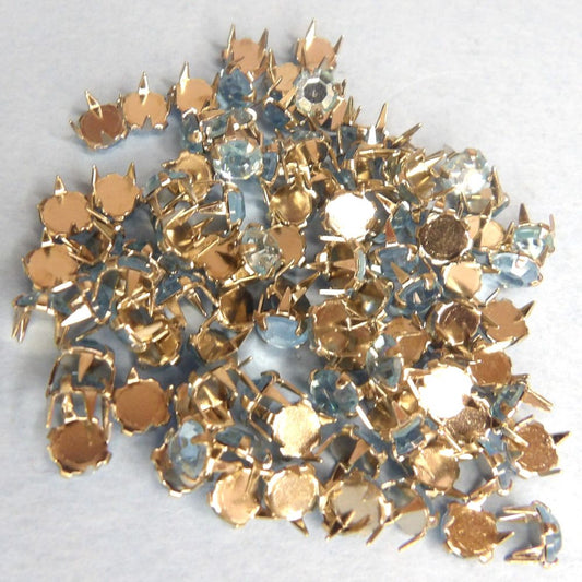 100 Light Blue Crystal Diamante Rhinestone Set In Silver Colour Metal With Spikes To Bend To Fix On  Size 4mm Clearance