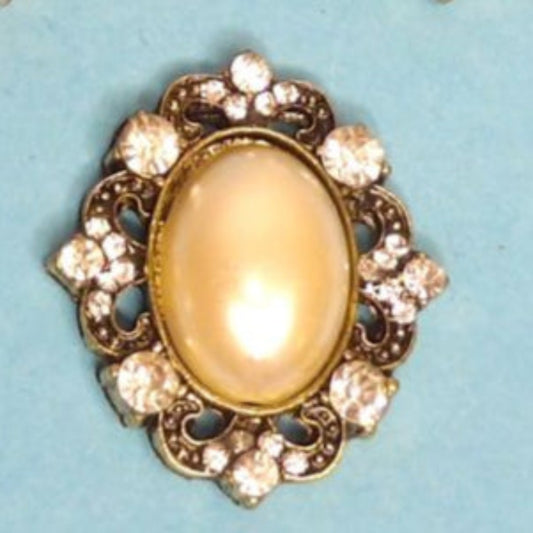 10 Oval Diamante Dark Gold Metal Fat Back with White Oval Pearl In The Centre Trims Size 30mm x 28mm Clearance