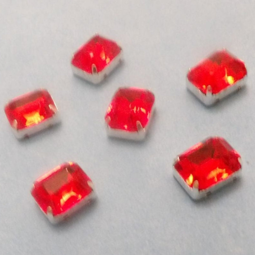 6 Oblong Shape Sew On RED Crystal Diamante Rhinestone Set In Silver Colour Metal Size 10mm x 8mm Clearance