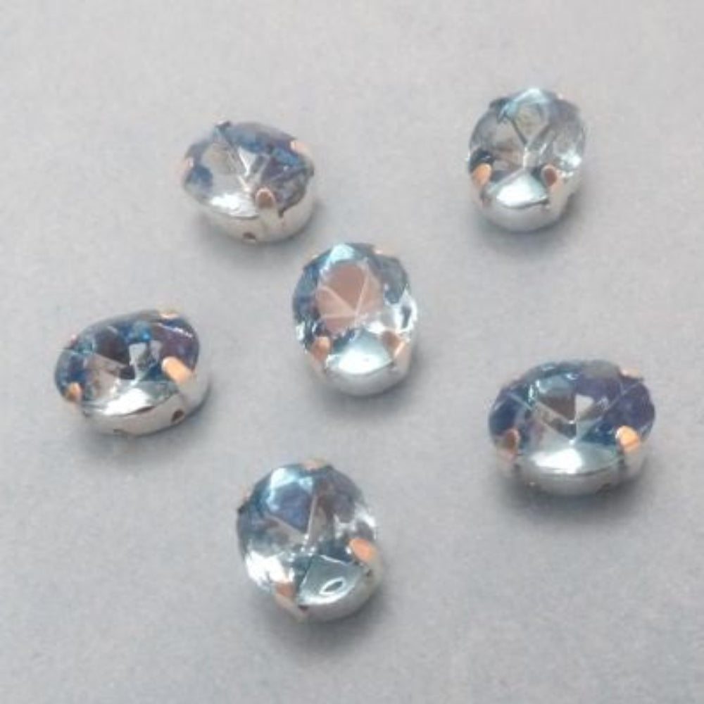 6 Oval Shape Sew On Turquoise Crystal Diamante Rhinestone Set In Silver Colour Metal Size 9mm x 6mm Clearance