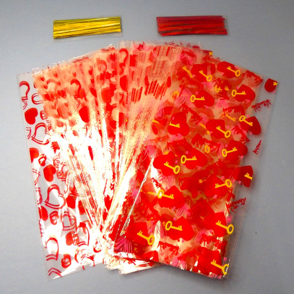 100 Valentine's Day Cellophane Treat Bags Cellophane bags, Clear Goodies Bags with 100 Pieces Twist Ties for Valentine's Day