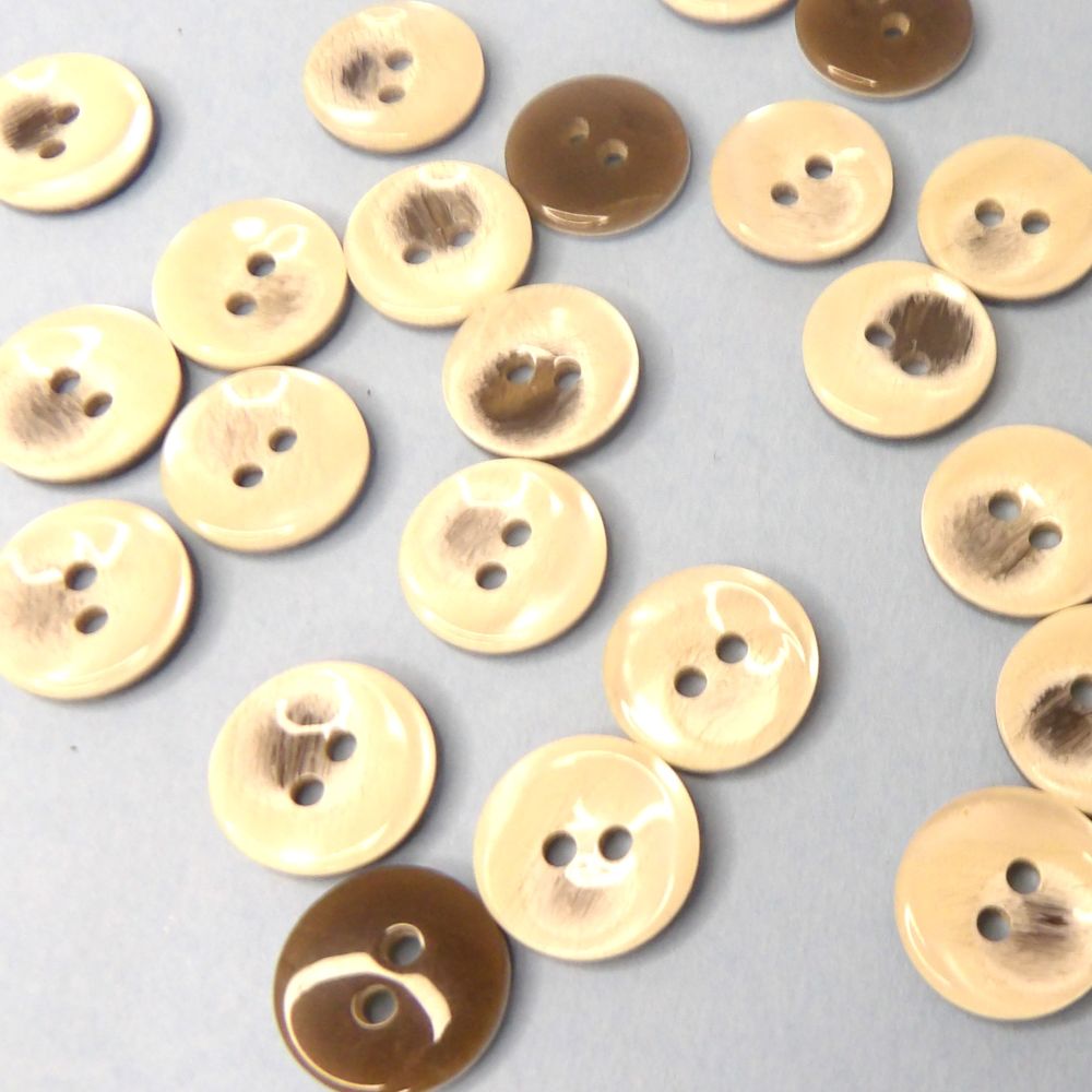 100 Ivory Shiny 2 Hole Buttons With Random Brown Design Size 16mm Clearance